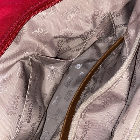 Michael Kors Red Nylon and Brown Saffiano Leather Tote/ Satchel/ Handbag - Picture 7 of 12